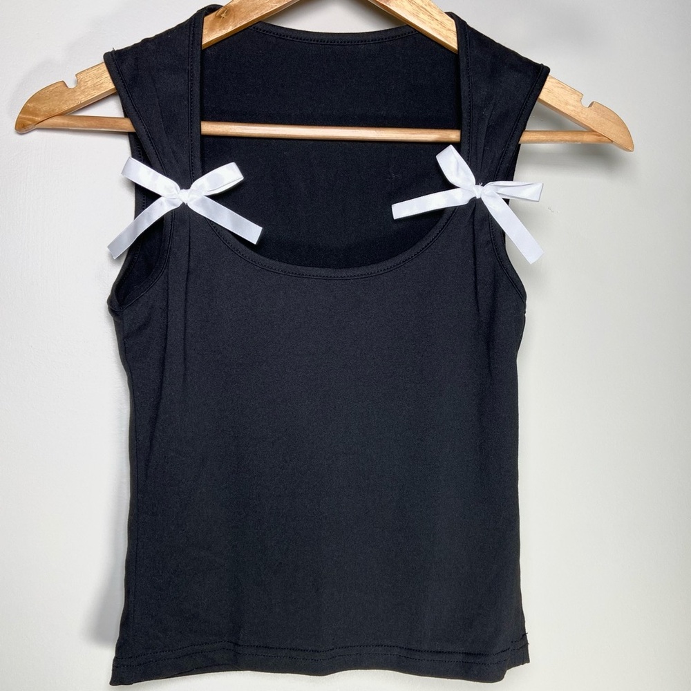 Black Tank Top White Bows Scoop Neck Chic Holiday Scandi Feminine Y2K Coquette S